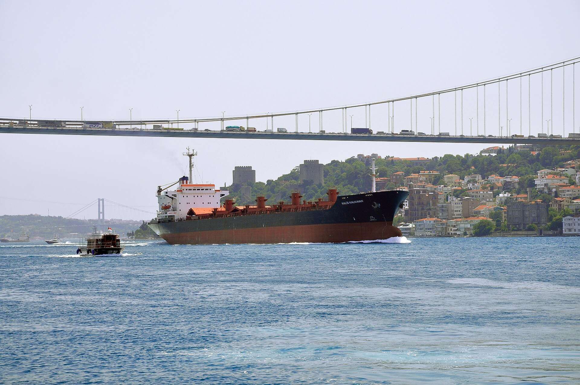 A cargo ship transiting the Bosphorus in İstanbul